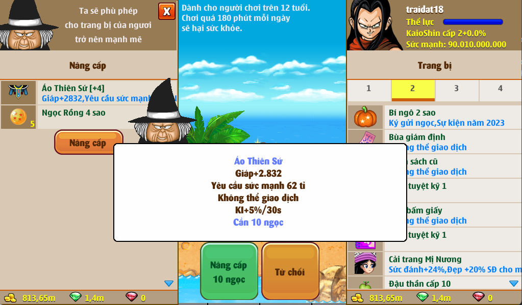 Nâng cấp trang bị pha lê game Ngọc Rồng Kaido